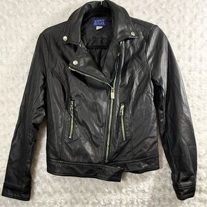 Sears Simply Styled Womens Short Zip Up Black Faux Leather Biker Moto Jacket